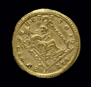 Sólido de oro (reverso) de Constantino I el Grande (AD 306-337) que representa a Fides sentada a la izquierda en el trono. Inscripción: FIDES EXERCITVS. Acuñado en Tréveris